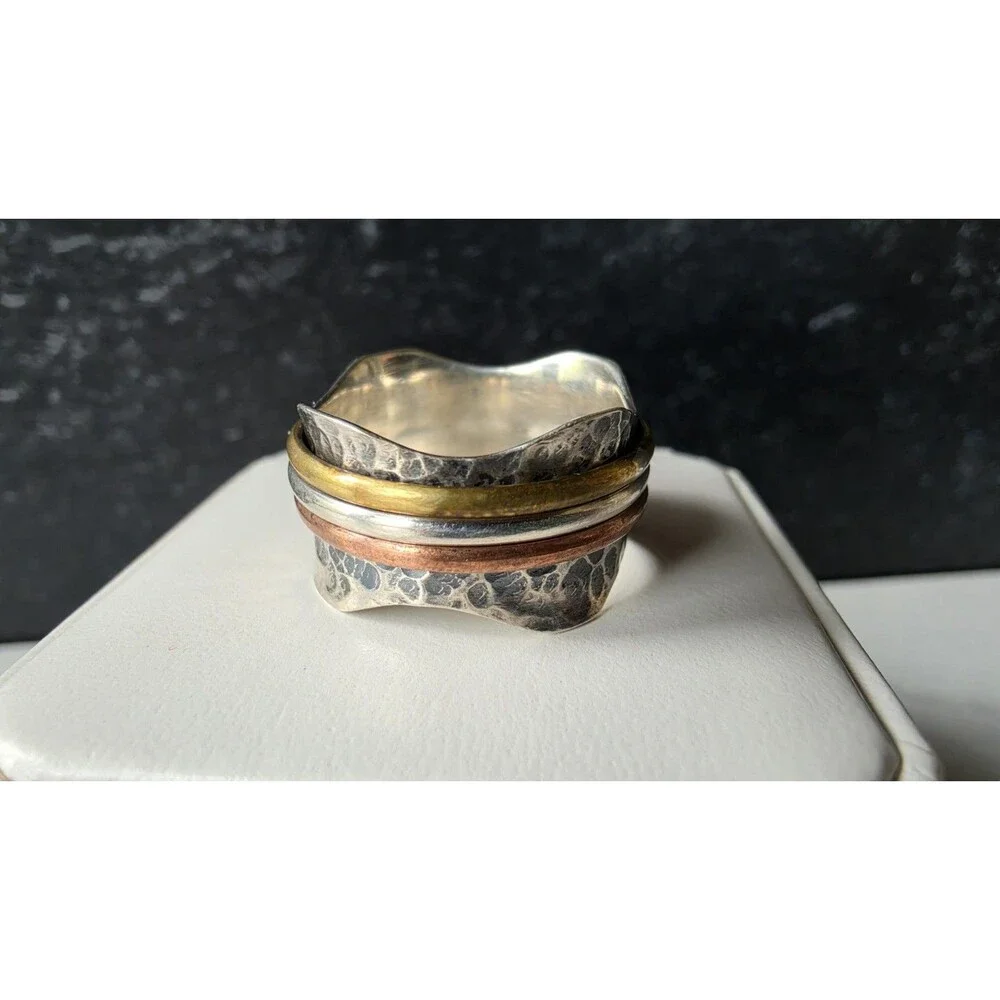 Doug Paulus 925 Hammered Silver Tricolored Spinner Ring, Size US 9 Vintage